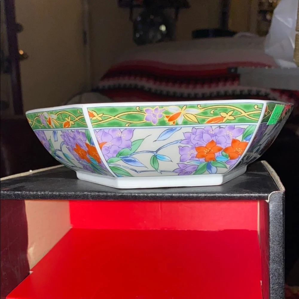 BX51 Vintage Japanese Kutani TakahShi Hexagonal Colorful Floral Ceramic Bowl Set